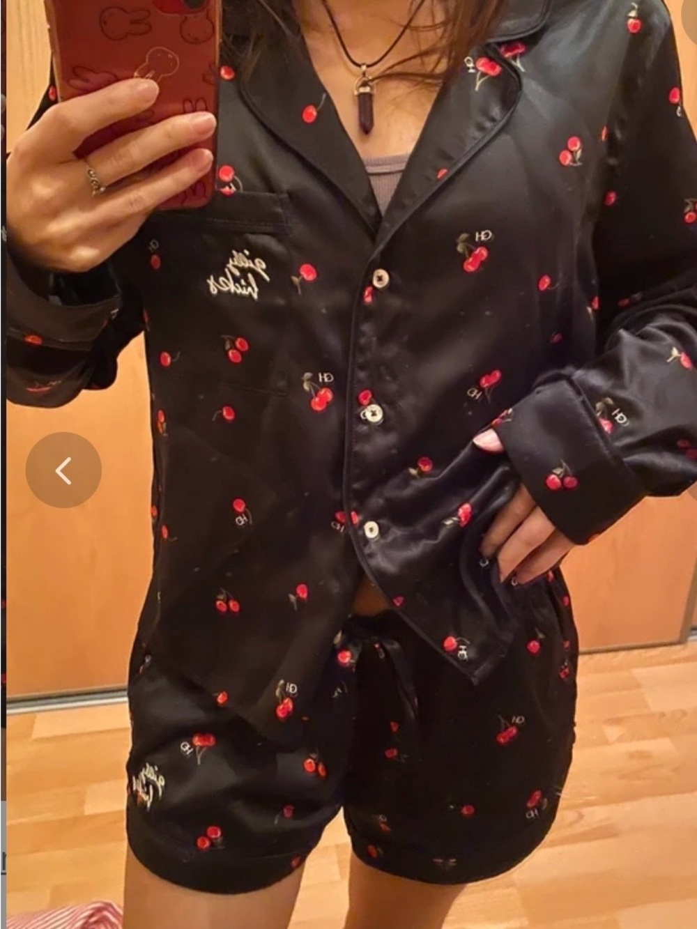 Gilly Hicks Black Satin Cherry-Print Pajama Set